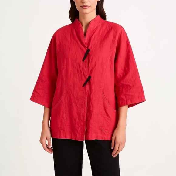 Roni Rabl 100% Linen Relaxed Boxy Jacket Lagenlook Blazer Coral Size M - Picture 2 of 11